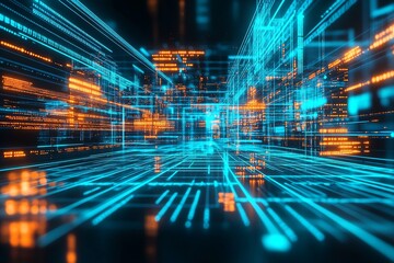 Leinwandbilder - Illuminated Digital Network Grid with Abstract Tech Art in Bright Lights : Generative AI