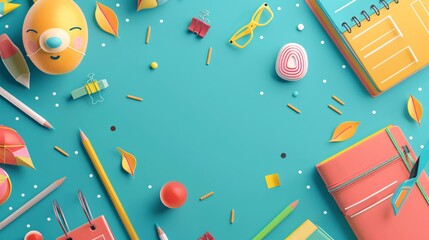 Poster - Funny stationery creating a frame on a blue background with back to school concept
