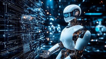 Aufkleber - Advanced AI Robot Interacting with Holographic Data in a High-Tech Sci-Fi Setting : Generative AI