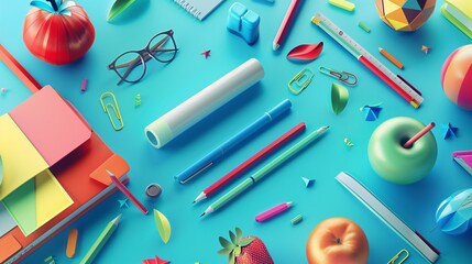 Poster - Back to school concept: colorful school supplies flat lay on blue background