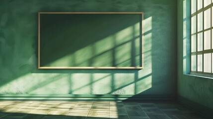 Aufkleber - Sun shining through a window of an empty classroom casting shadows from the window frame on the green wall