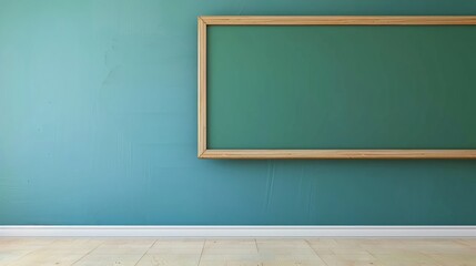 Poster - Blank green chalkboard with wooden frame on a blue classroom wall