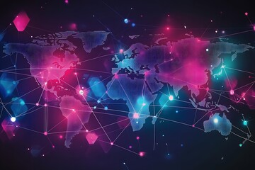 Poster - Digital World Map with Network of Global Connections in Technological Abstract Design : Generative AI