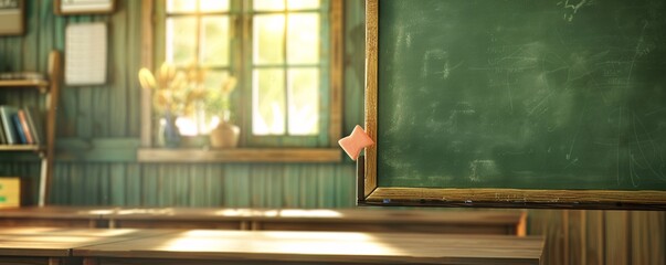 Poster - Classroom with an empty chalkboard and sunlight pouring in, reminiscent of school days