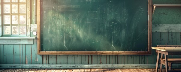 Poster - Sunlit empty classroom with blackboard in a vintage school building