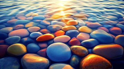 Poster - Colorful Polished Pebbles Beneath Water Surface with Sunlit Glow Effect : Generative AI
