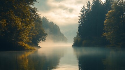 Poster - Mist Covered River in Forest at Dawn with Trees and Soft Ambient Light : Generative AI
