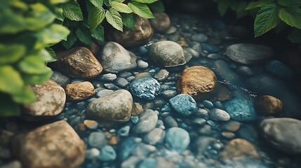 Poster - Scenic Stream with Stones and Lush Foliage in a Serene Natural Setting : Generative AI