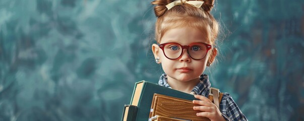 Poster - Intelligent young girl with glasses holding books against a blue backdrop