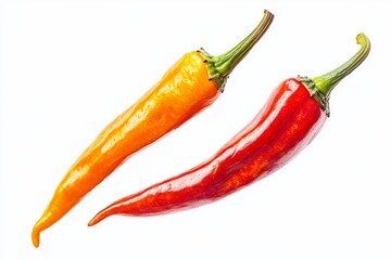 Poster - Two vibrant chili peppers, one orange and one red, isolated on white background.