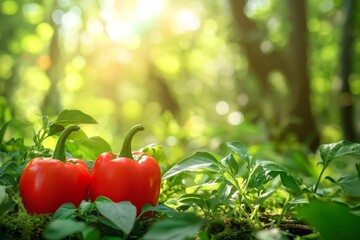 Poster - Two ripe red bell peppers nestled in lush green foliage, bathed in sunlight.