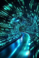 Poster - Digital Data Tunnel with Blue and Green Lightstreaks Illuminating the Path : Generative AI