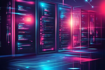 Poster - Neon Server Room with Digital Interface and High-Tech Data Storage Solutions : Generative AI