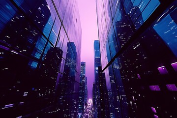 Aufkleber - Modern Skyscrapers with Pulsating Purple and Blue Night Lights Creating a Futuristic Cityscape : Generative AI