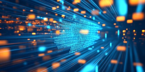 Poster - Dynamic Blue and Orange Binary Code Motion Blur for Futuristic Digital Technology Concept : Generative AI