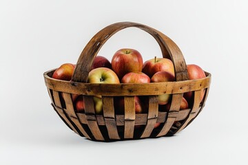 Poster - Rustic wooden basket overflowing with ripe red apples on white background.