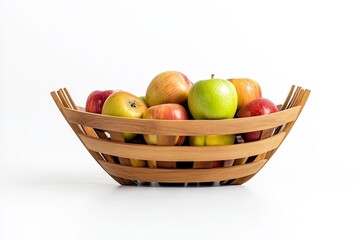 Wall Mural - Wooden bowl filled with red and green apples on white background.