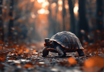 Poster - Turtle Walking Through Autumn Forest Path with Orange Leaves Lit by Soft Sunlight, Nature, Wildlife, and Peaceful Scenery in Transitioning Season