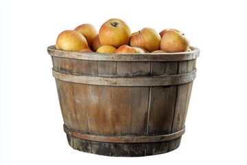 Poster - Wooden bucket brimming with ripe, yellow-red apples against a white background.