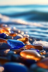 Poster - Serene Coastal Scene with Colorful Sea Glass and Ocean Waves : Generative AI