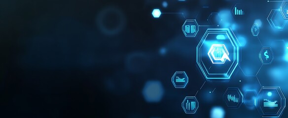 Poster - Bright blue technology background with futuristic hexagonal digital patterns : Generative AI