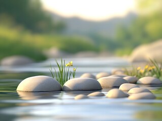 Aufkleber - Tranquil River Scene with Subtle Stones and Blossoming Yellow Flowers : Generative AI