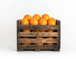 Poster - Fresh oranges in a rustic wooden crate on white background. (1)