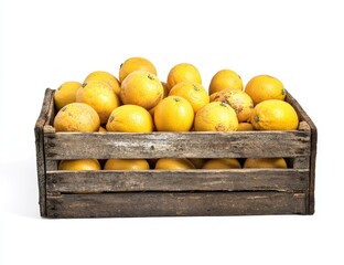 Poster - Fresh oranges in rustic wooden crate on white.