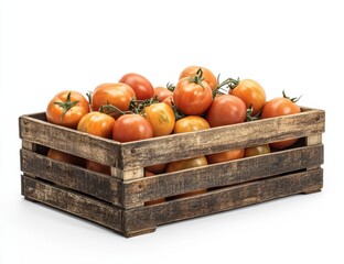 Poster - Fresh ripe red tomatoes in a rustic wooden crate on white background.