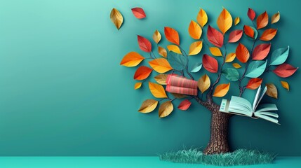 Poster - Tree growing books as leaves in autumn colors with copy space on turquoise background