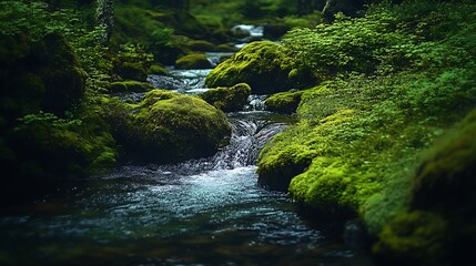 Aufkleber - Rustic Moss Laden Stream Flowing in Dense Greenery of Forest Wilderness : Generative AI