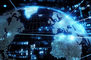 Aufkleber - Futuristic digital representation of global network connectivity with illuminated continents : Generative AI