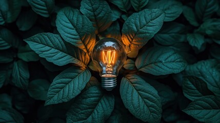 Poster - Glowing bulb amidst lush green foliage, nature backdrop, eco-concept