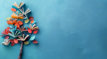 Poster - Tree of knowledge growing with colorful open books as leaves on blue background
