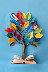 Poster - Open book transforming into tree with colorful leaves growing out of it on blue background, symbolizing knowledge and education