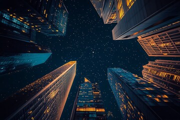 Poster - Dazzling Skyscraper Panorama against Starry Sky with Brilliant Urban Illumination : Generative AI