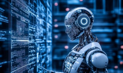 Aufkleber - Robotic System Interacting with High Tech Digital Environment : Generative AI