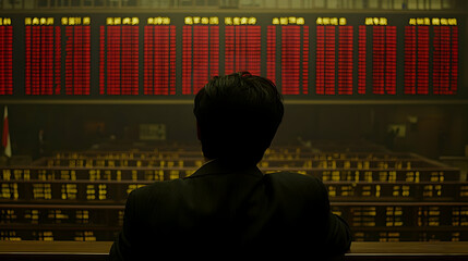 Poster - Trader views stock market data; exchange hall background