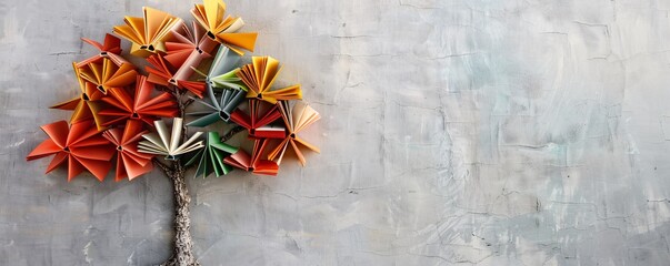 Poster - Colorful tree made of open books against a gray concrete wall background