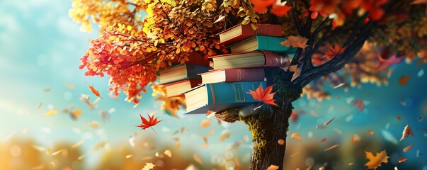 Poster - Stack of colorful books on a tree branch with autumn leaves blowing in the wind