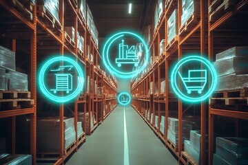 Aufkleber - Industrial Warehouse with Neon Logistics Icons Signaling Automation : Generative AI