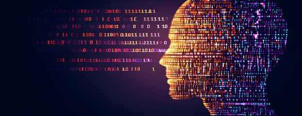 Digital head, binary code, dark background, AI concept