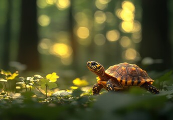 Poster - Vibrant Turtle in Natural Habitat Among Lush Greenery and Soft Sunlight with Bokeh Effect in Forest Setting