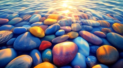 Aufkleber - Serene Sunset Overlapping Pebbles in Crystal Clear Water Depicting Nature's Beauty : Generative AI