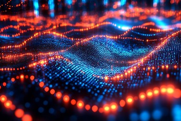 Aufkleber - Vibrant Abstract Digital Wave Pattern with Blue and Orange Light Effects : Generative AI