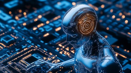 Aufkleber - Futuristic AI Robot Interacting with Circuit Board in Tech Environment : Generative AI