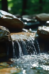 Poster - Picturesque Forest Stream Waterfall with Sparkling Water and Rock Formations : Generative AI