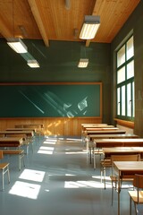 Poster - Sunlit empty classroom with blackboard and wooden desks