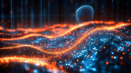 Aufkleber - Futuristic Digital Landscape with Glowing Orange and Blue Neon Waves : Generative AI
