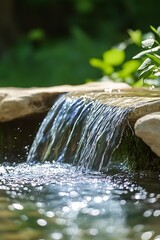 Aufkleber - Beautiful Small Waterfall with Sparkling Water Amidst Green Leaves : Generative AI